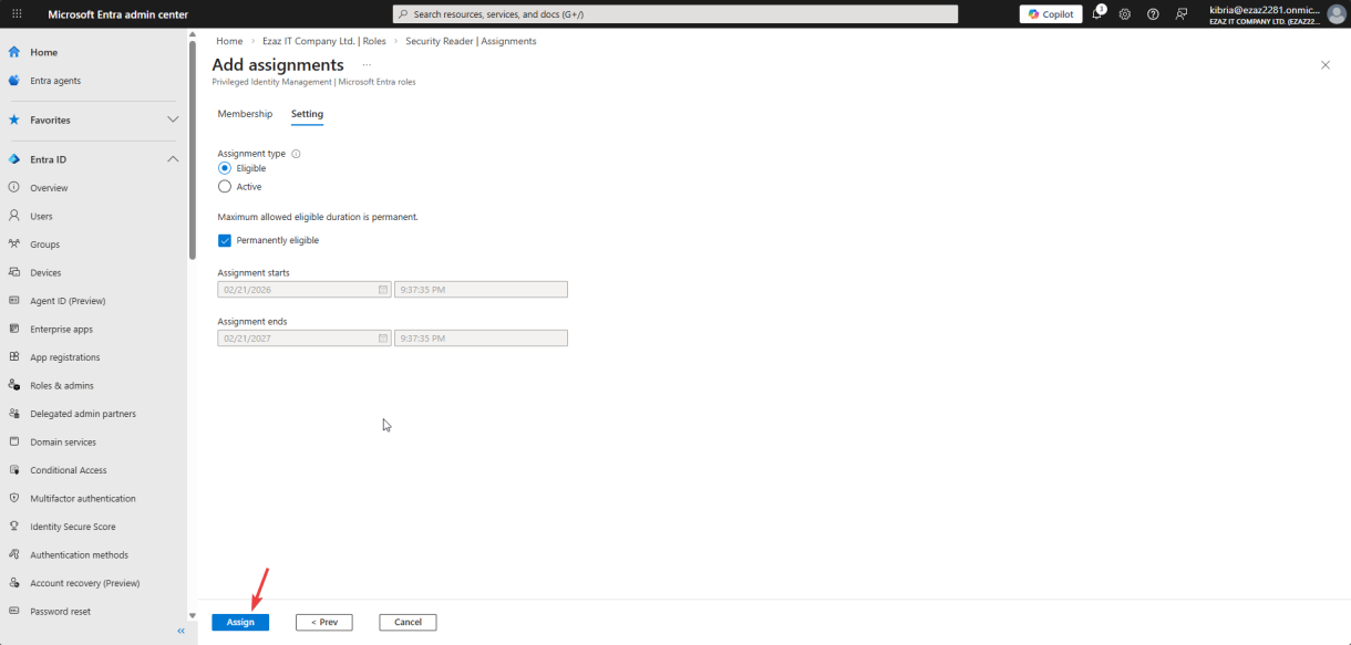 Assignment settings step with Eligible chosen as the assignment type and Permanently eligible checkbox ticked