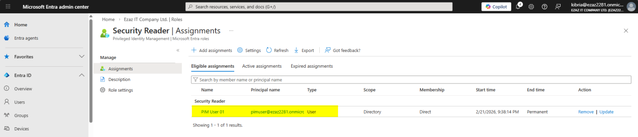Assignments tab now showing pimuser listed against Security Reader role with Eligible state confirmed