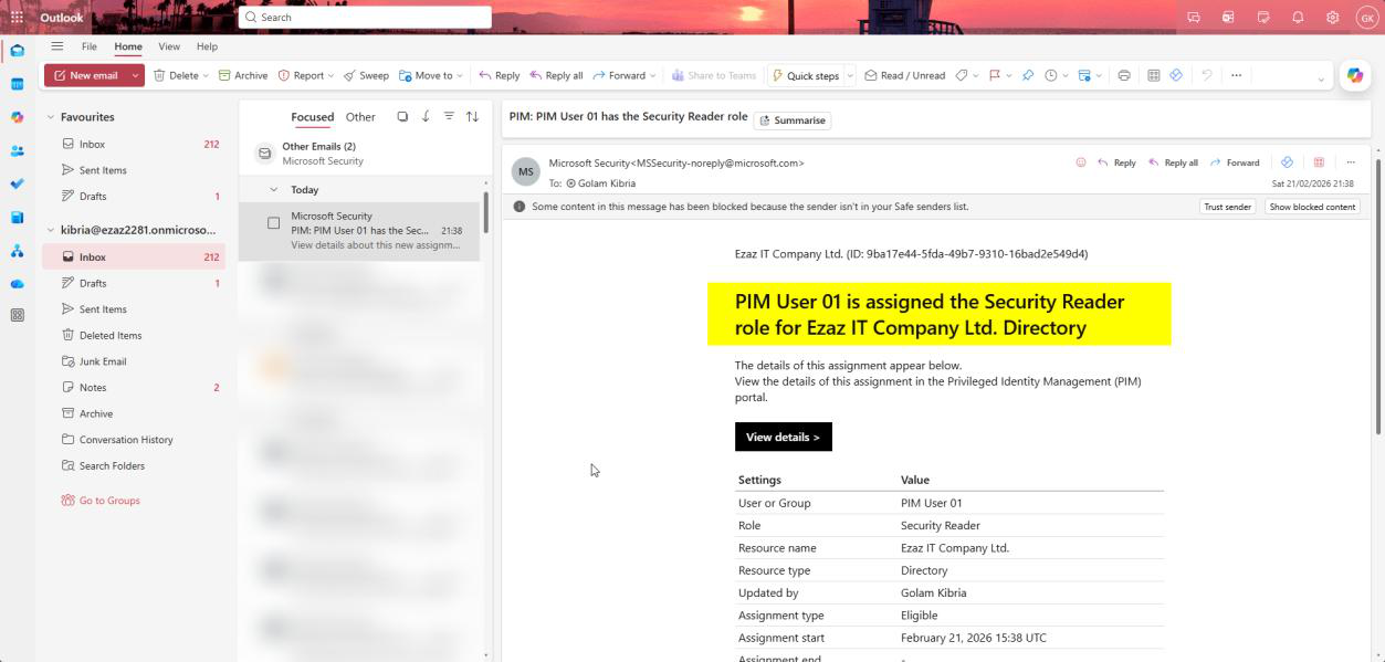 Outlook inbox showing the automated PIM notification email sent to Global Admins after the new role assignment