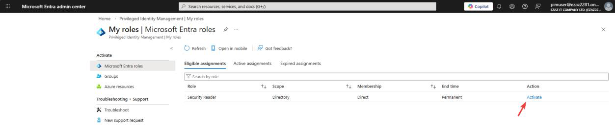 PIM My roles refreshed view from the test user perspective showing Security Reader available with the Activate link