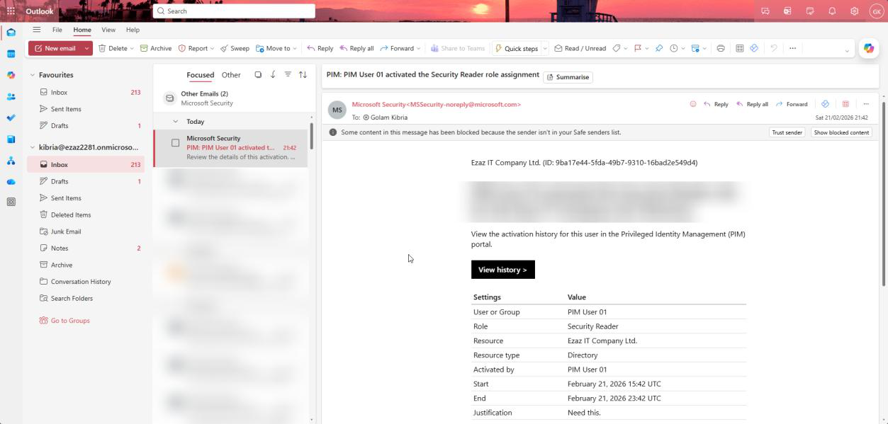 Second automated PIM notification email arriving in the Global Admin inbox stating the user actively elevated privileges