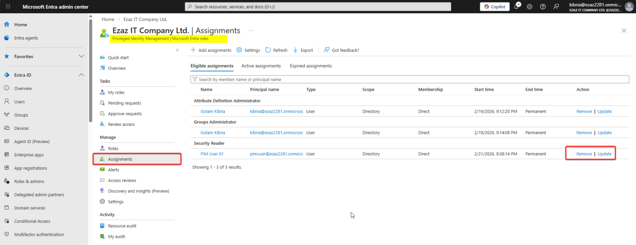 PIM Manage Assignments page showing the active eligible assignment with Update and Remove options on the right side