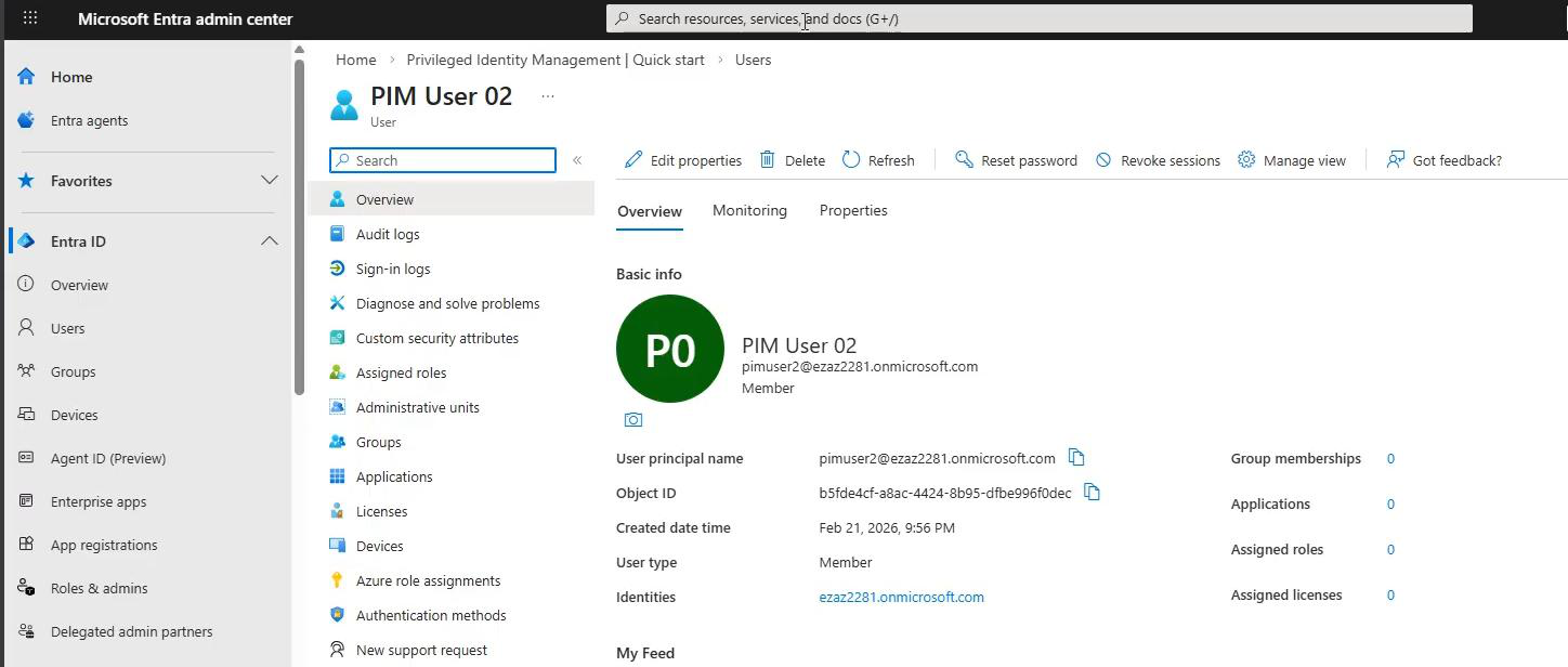 New Entra user creation form for the test subject account being created without any licenses for the PIM lab