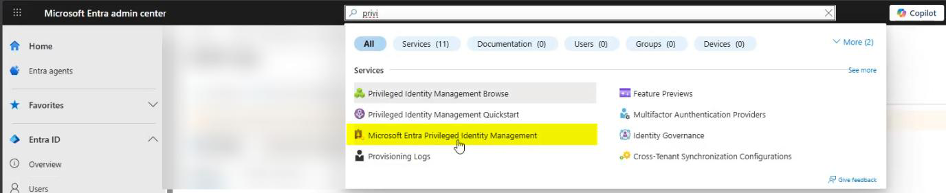Entra portal search bar with Privileged Identity Management typed and the matching service result selected