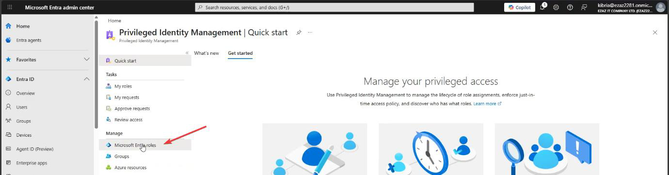 PIM dashboard Manage section with Settings highlighted in the left navigation menu