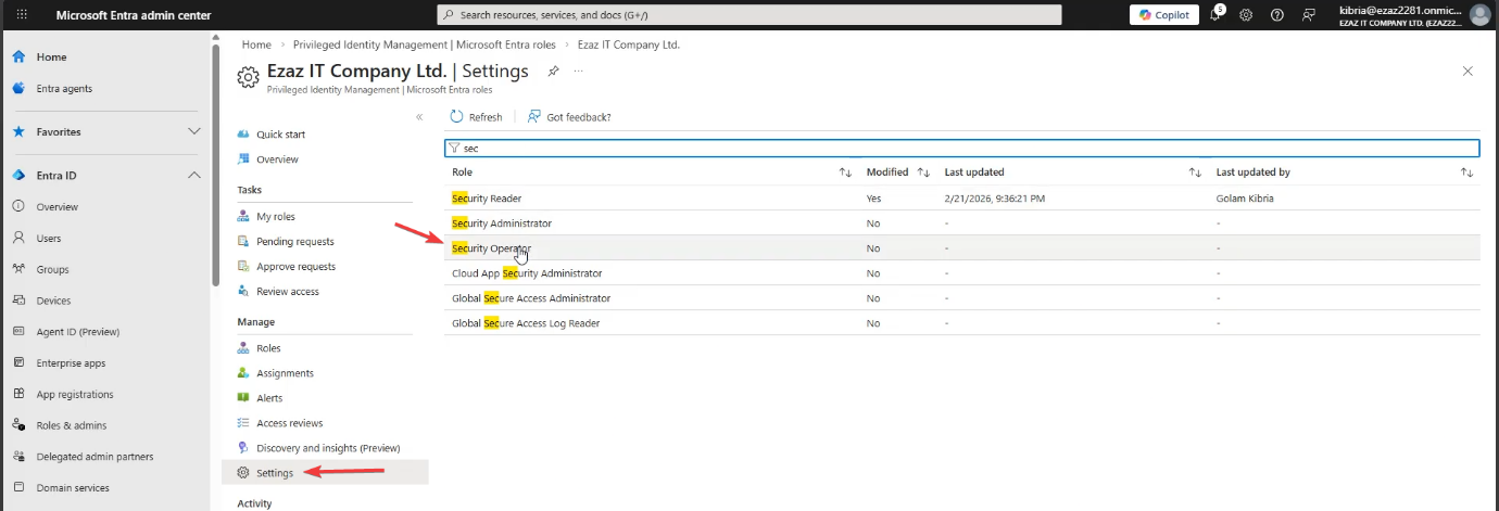 PIM Settings list with the Security Operator role being clicked from the alphabetical role list