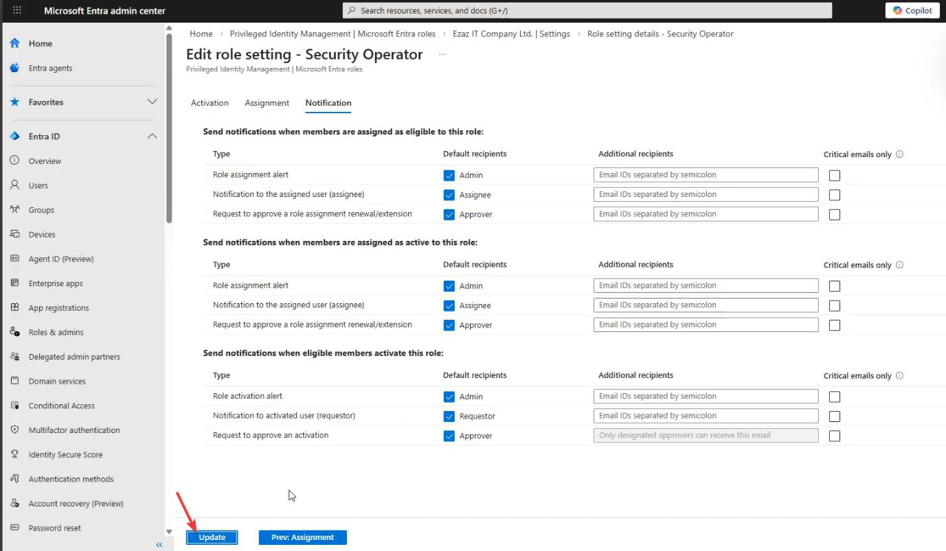 Notification tab showing the default email-on-assignment and email-on-activation settings preserved with Update button