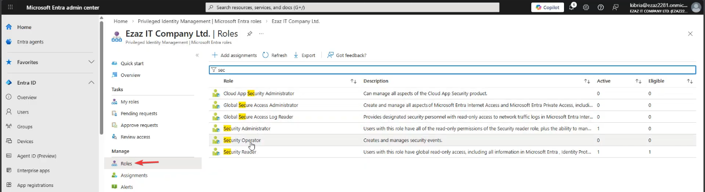 PIM Roles list with the Security Operator role being selected to add a new assignment