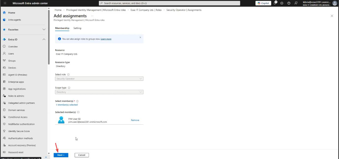 Select members dialog with the test user account selected and Next button visible to advance the wizard