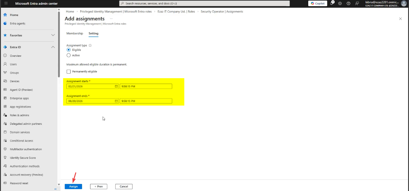 Setting step with Eligible chosen as Assignment type and start and end timeframe configured for the role lifetime