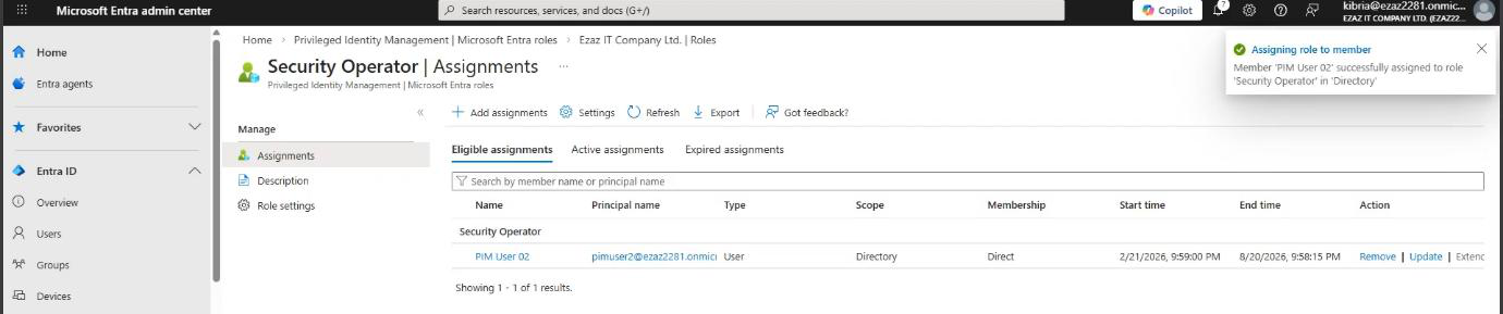 Final assignments view confirming the test user is now listed against Security Operator with Eligible state