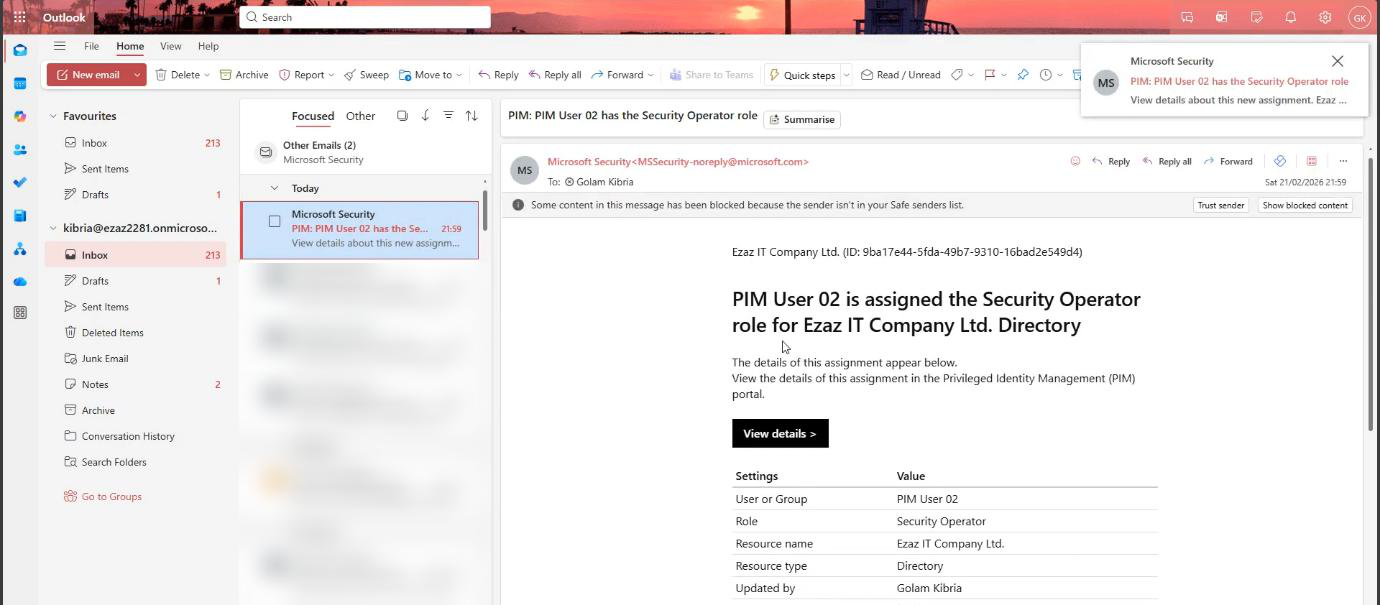 Outlook inbox showing the automated PIM notification email confirming the new role assignment to the Global Admin