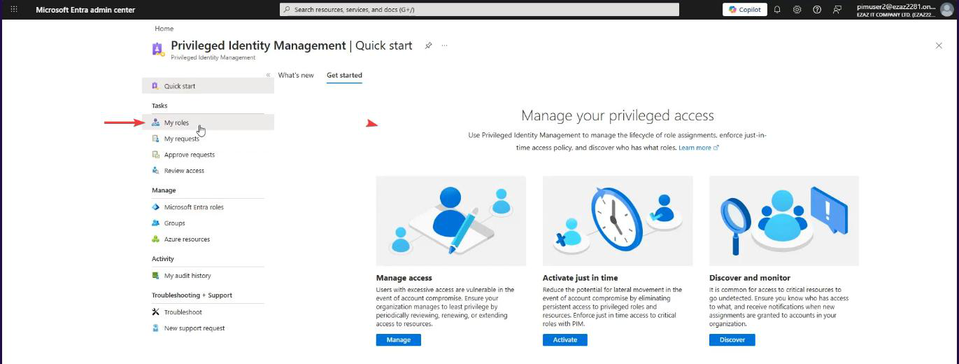 Test user PIM portal My roles tab listing Security Operator under Eligible assignments with the Activate link