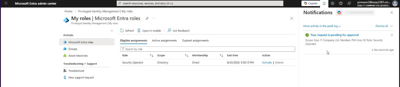 Notification bell icon dropdown showing the activation request status as Pending for approval