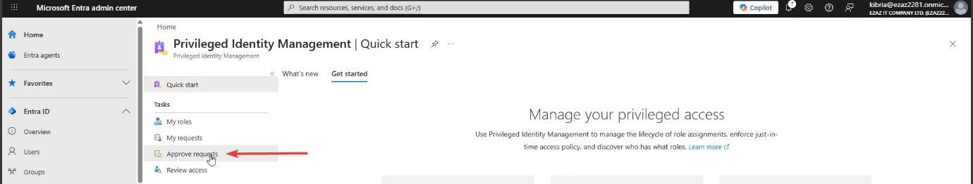 Global Admin PIM dashboard with Approve requests highlighted in the Tasks section of the left navigation
