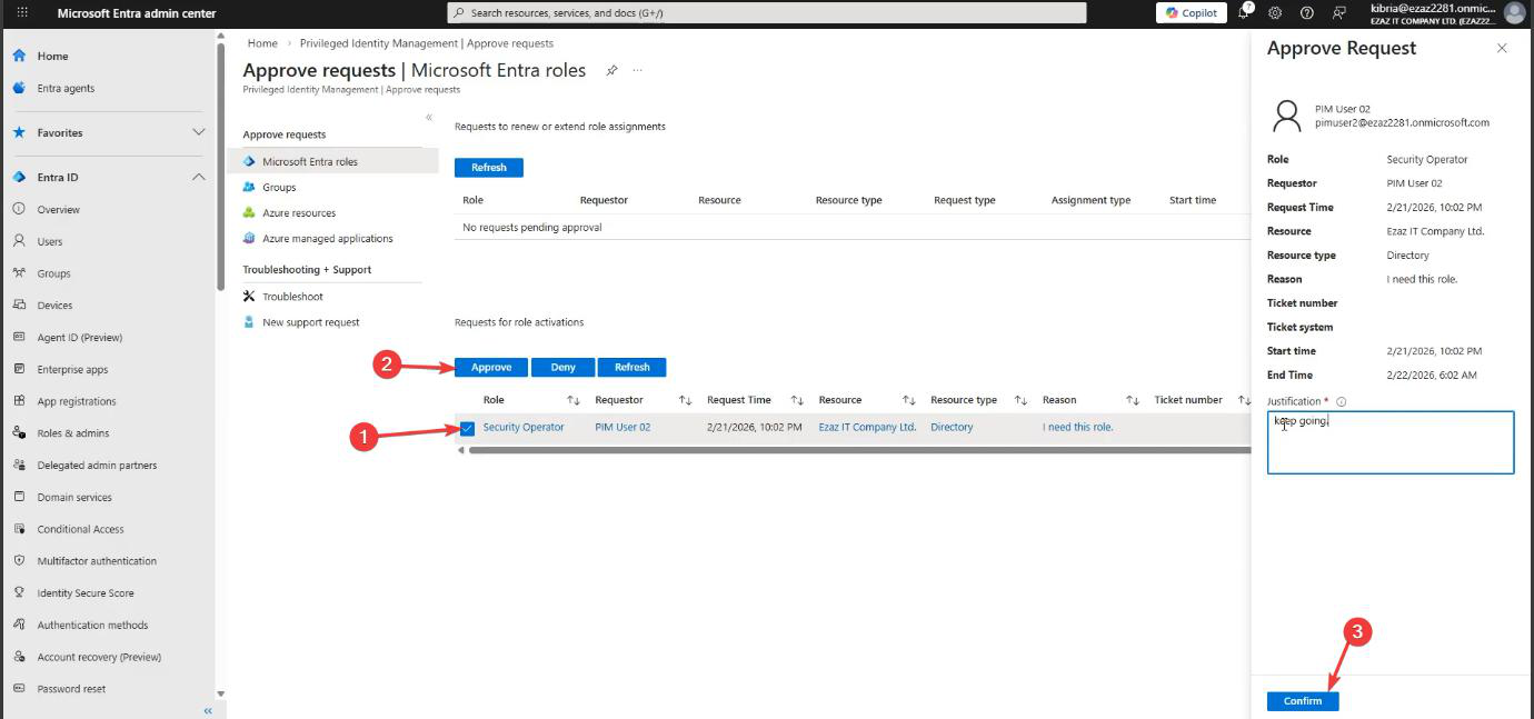Approve requests page with the pending Security Operator request ticked and Approve button visible at the top