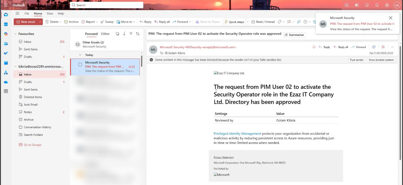 Final email notification arriving in the inbox stating the role is now active for the test user