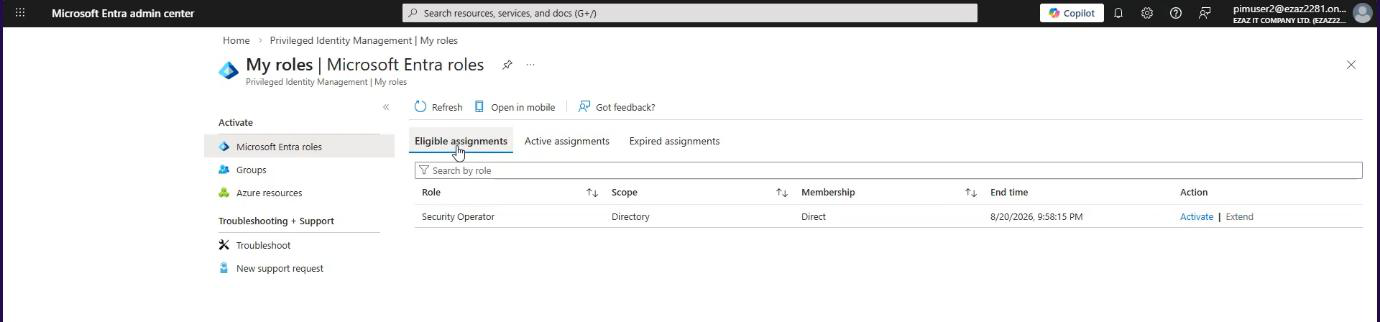 Test user My roles Active assignments tab showing the Security Operator role now active with the greyed-out Extend button