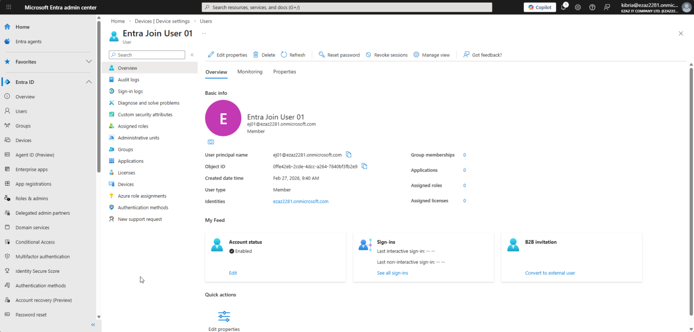 Microsoft Entra admin center sign-in page where the work account credentials are entered to verify a valid Entra ID user