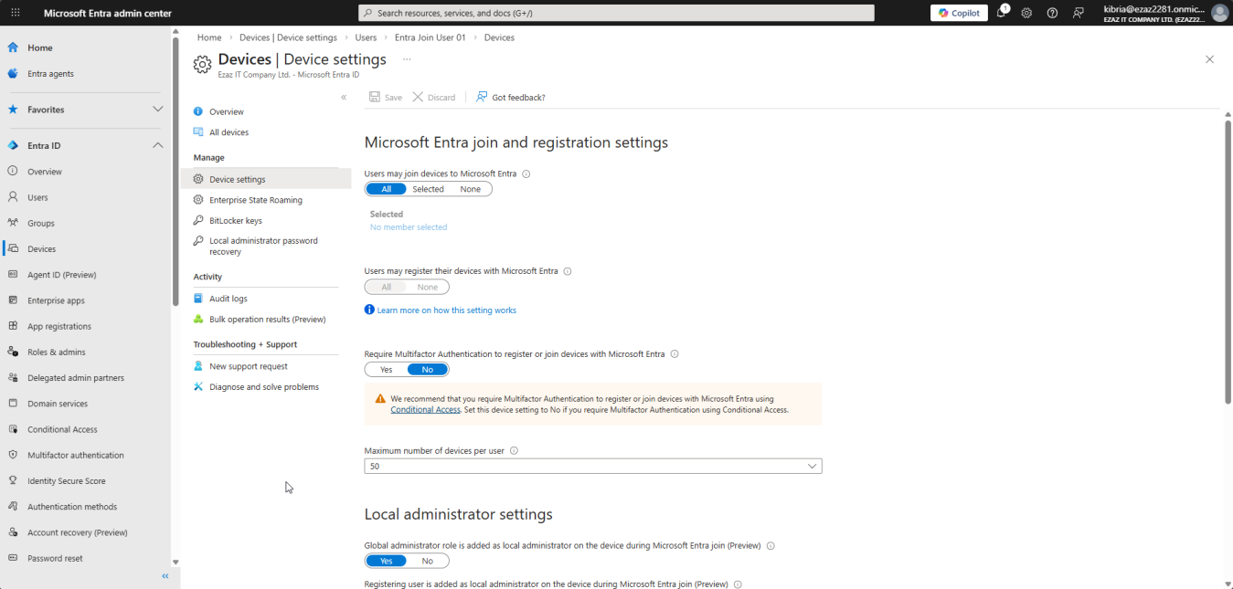 Entra admin center Identity Devices Overview Device Settings page with Users may join devices to Microsoft Entra set to All