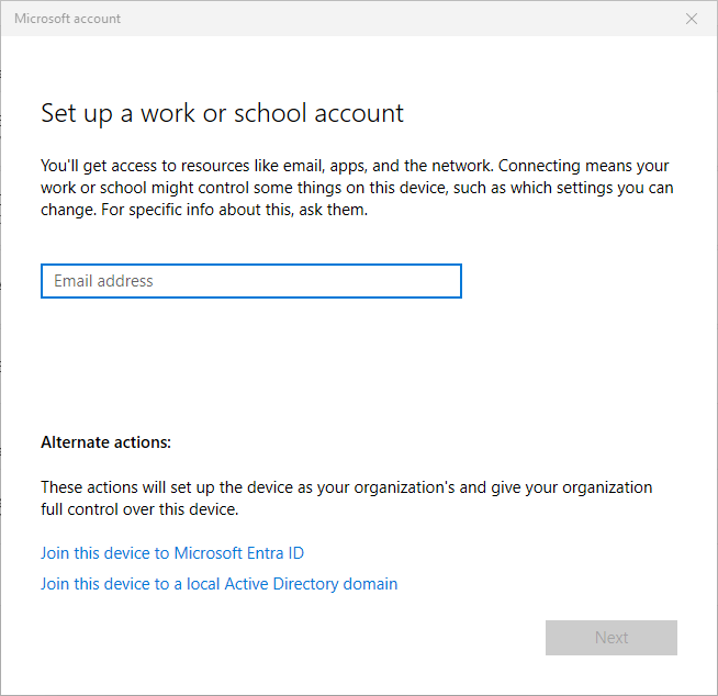 Set up a work or school account dialog with the Join this device to Microsoft Entra ID link highlighted at the bottom