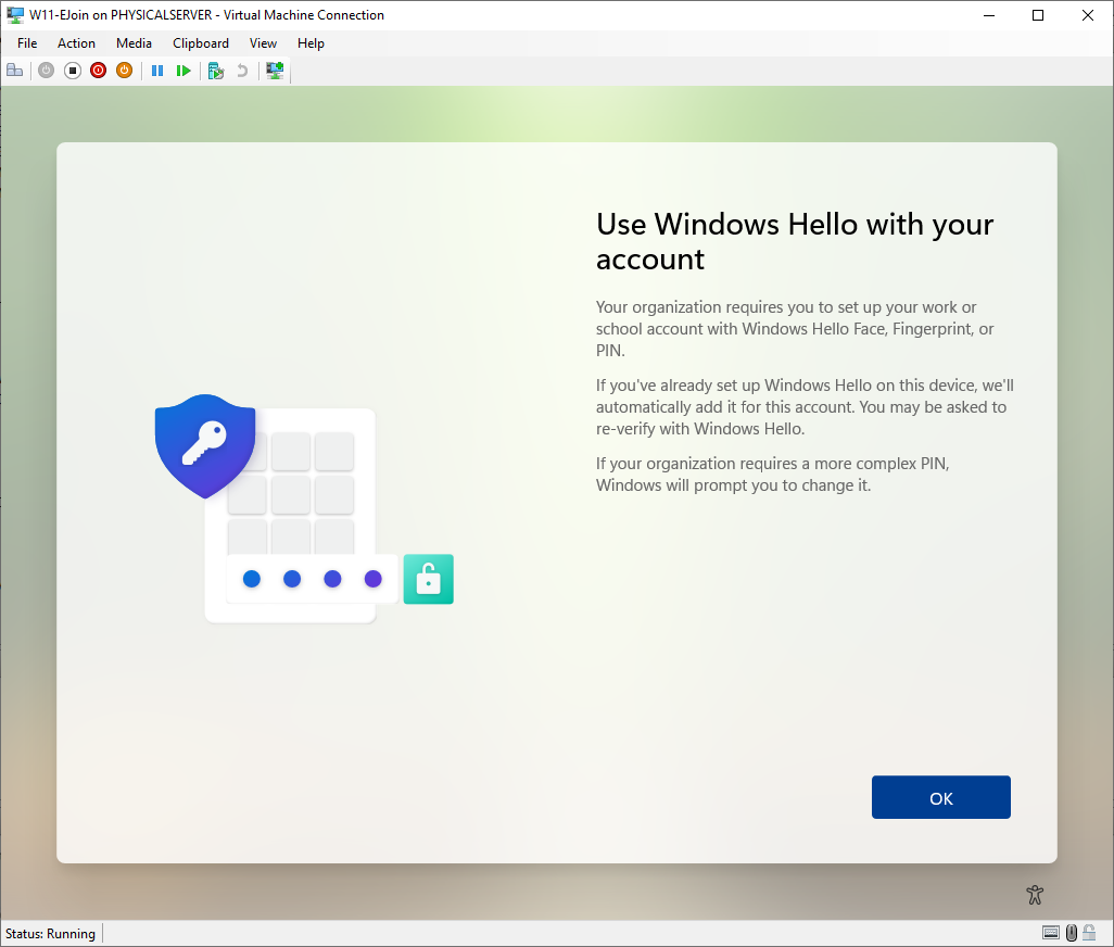First-time Windows Hello PIN setup prompt that appears after first sign-in with the Entra ID account on the joined device