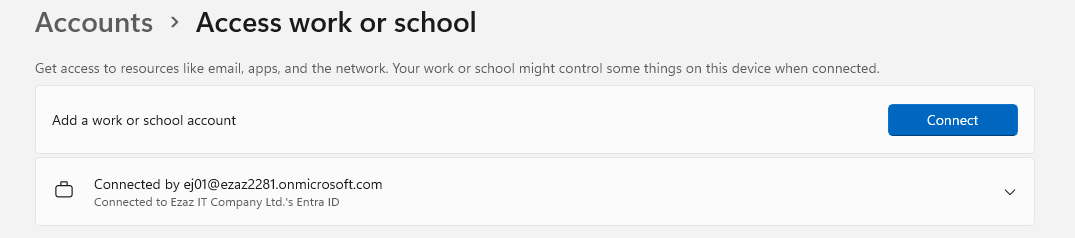 Settings Accounts Access work or school showing Connected to Entra ID confirmation entry for the joined organization