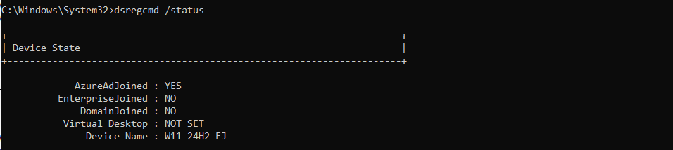 Command Prompt running dsregcmd status showing AzureAdJoined YES and AzureAdPrt YES under the Device State section