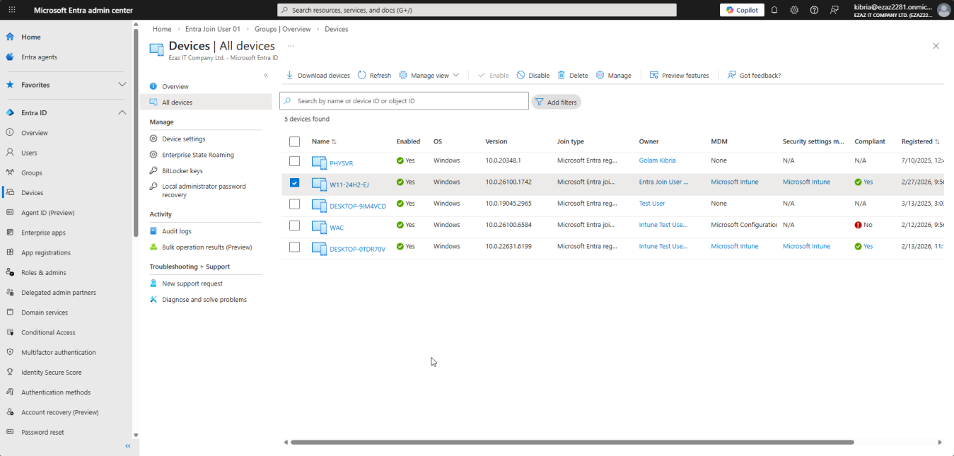 Microsoft Entra admin center Devices All Devices page with the joined device listed showing Microsoft Entra Joined as Join Type