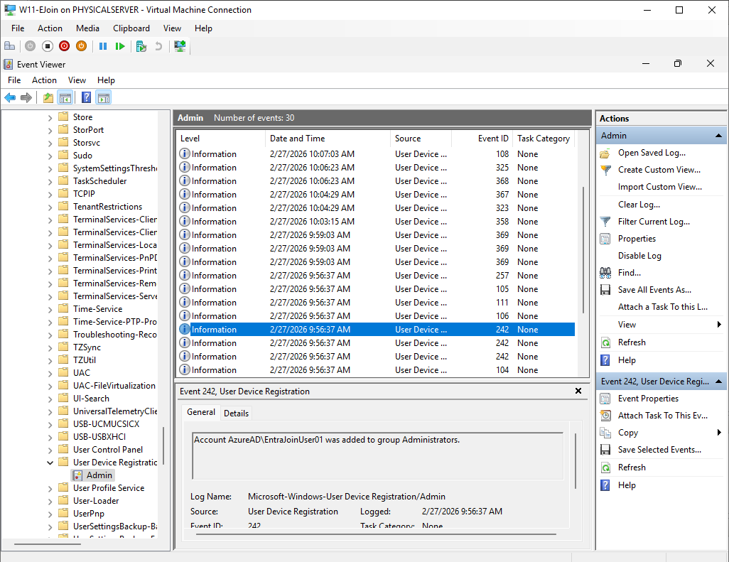 Event Viewer Applications and Services Microsoft Windows User Device Registration Admin log showing detailed join event entries