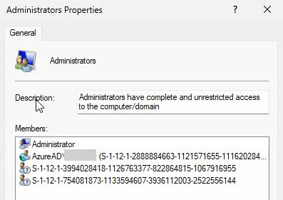 Local Computer Management Local Users and Groups Administrators Properties dialog showing default members on a freshly Entra Joined device including SID entries for cloud groups