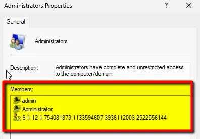 Local Administrators group after applying hardened settings showing only one SID entry for the Entra Joined Device Local Administrator group