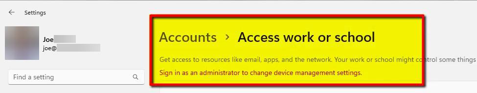 Windows Settings Accounts Your info page showing the logged-in user account type as Standard User confirming no local admin rights