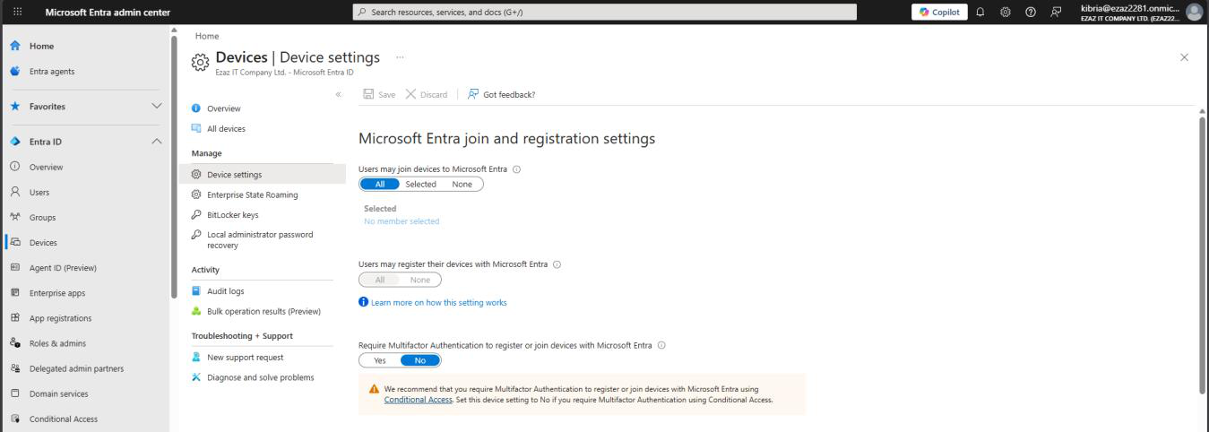 Entra admin center Device Settings page with the Require Multi-Factor Authentication to register or join devices toggle being switched to Yes and Save button visible at the top