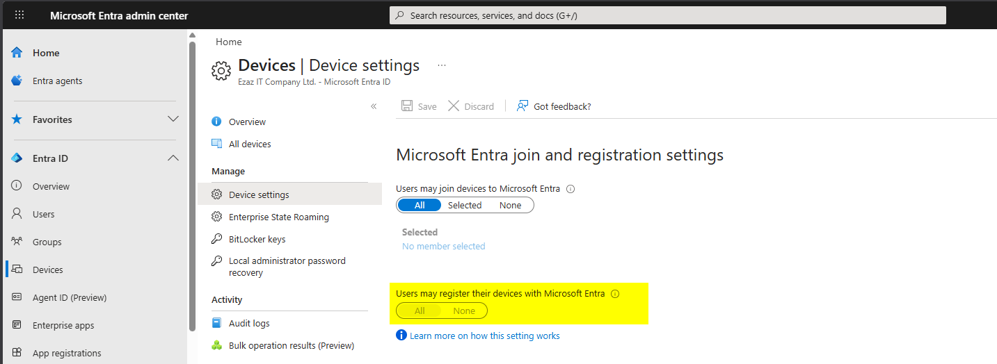 Microsoft Entra Admin Center Device Settings page showing the Users may register their devices with Microsoft Entra setting set to All which is the default value that allows every user in the tenant to register personal BYOD devices