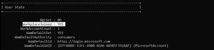 Command Prompt window showing the dsregcmd slash status output with the Device State section displaying WorkplaceJoined YES and AzureAdJoined NO which is the signature of an Entra Registered BYOD device versus an Entra Joined corporate device