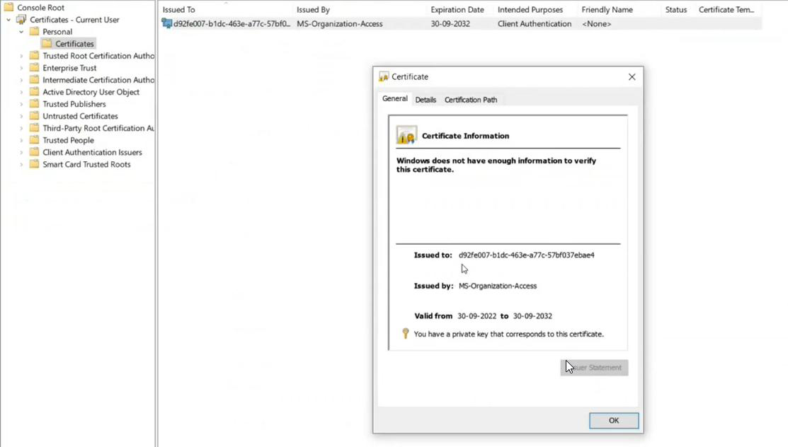 Microsoft Management Console MMC certificate snap-in for the current user account showing the Personal certificates store with the MS-Organization-Access certificate that was pushed to the device during Entra registration