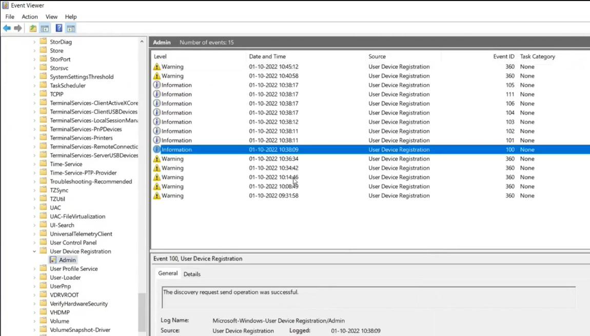 Windows Event Viewer open to Applications and Services Logs Microsoft Windows User Device Registration Admin showing successful registration log entries including Discovery request send Initialization of the join request and Complete join response operation