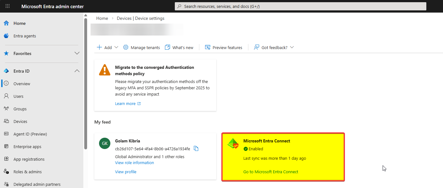 Microsoft Entra Admin Center Overview page showing the Microsoft Entra Connect status section displaying Enabled and a recent Last sync timestamp confirming Entra Connect is installed and actively syncing identities to Entra ID