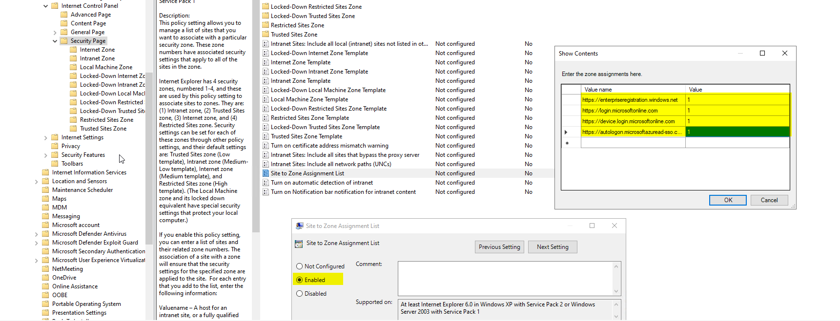 Group Policy Management Editor showing the Site to Zone Assignment List policy enabled with the four Microsoft URLs added enterpriseregistration.windows.net login.microsoftonline.com device.login.microsoftonline.com and autologon.microsoftazuread-sso.com all set to value 1 for the Intranet zone