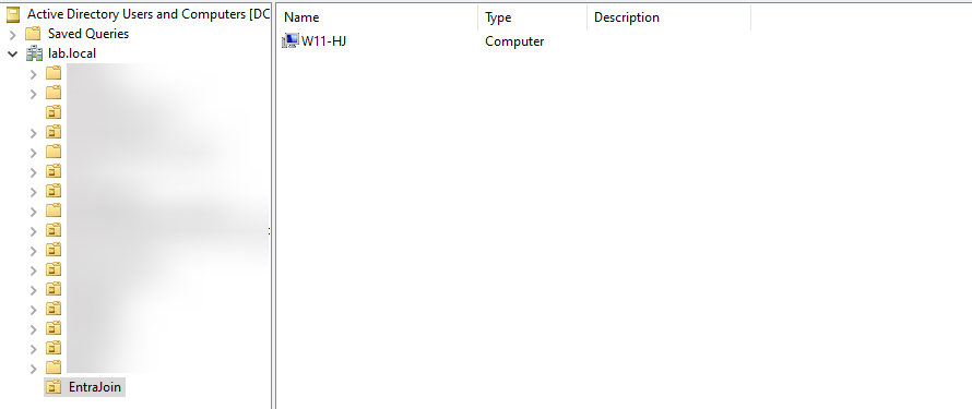 Active Directory Users and Computers MMC console showing the Computers container in the lab.local domain with several computer objects listed which is the OU that must be included in the Entra Connect synchronization scope for Hybrid Join to push devices to the cloud