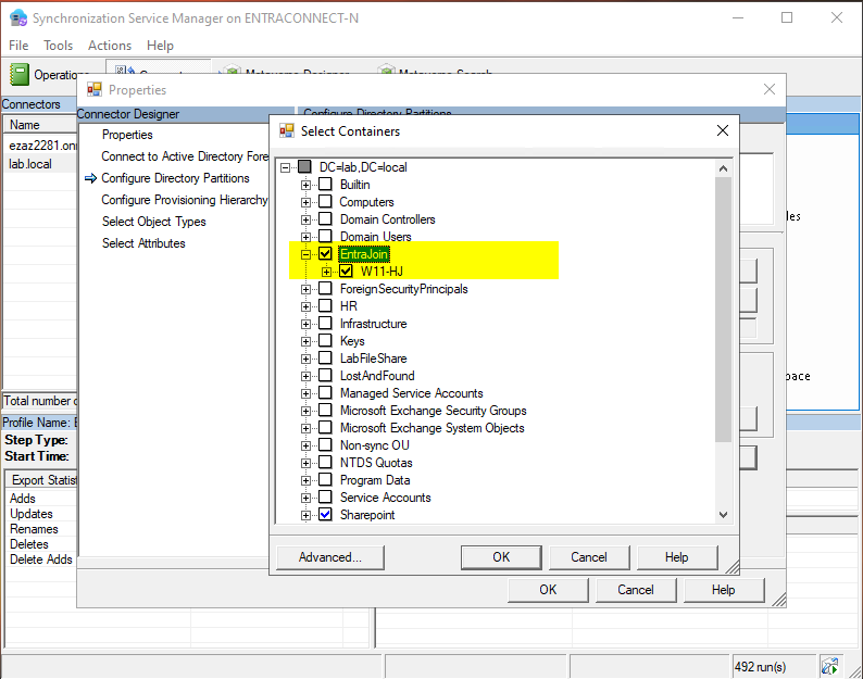 Microsoft Entra Connect Synchronization Service Manager Connector configuration showing the Containers selection dialog with the Computers OU in lab.local checked confirming this OU is included in the sync scope so device objects will be synchronized to Entra ID
