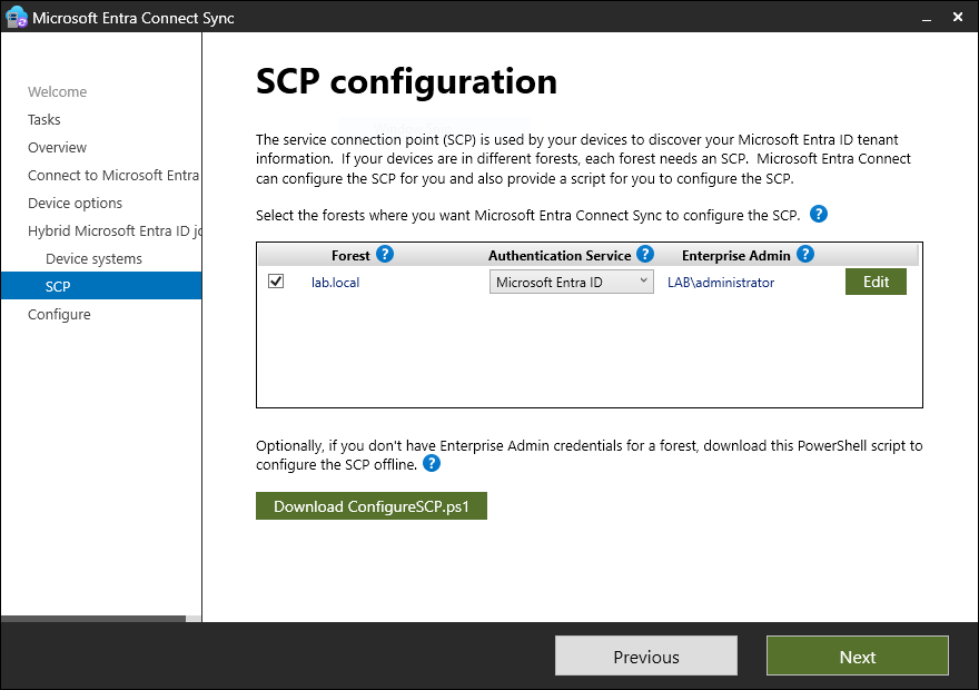 Microsoft Entra Connect configuration wizard Service Connection Point screen showing the lab.local forest with Microsoft Entra ID selected as the authentication service and Enterprise Administrator credentials added ready to create the SCP object in on-prem Active Directory