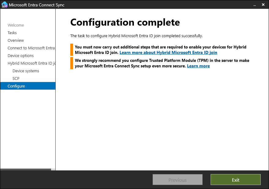 Microsoft Entra Connect wizard final Configuration complete screen confirming the Hybrid Join setup completed successfully with the Service Connection Point created in on-prem Active Directory and Entra Connect now configured to sync hybrid join data