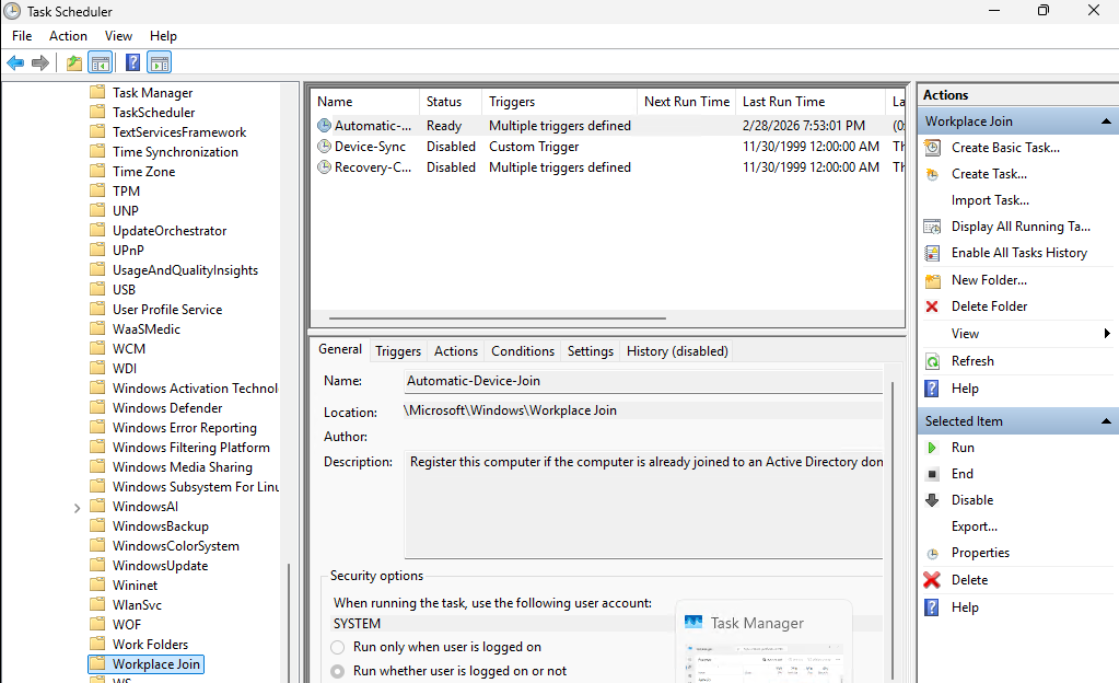 Windows Task Scheduler showing the Workplace Join folder under Microsoft Windows with the Automatic Device Join task in Disabled state because the device is not yet joined to a domain confirming task transitions to Ready after domain join and reboot