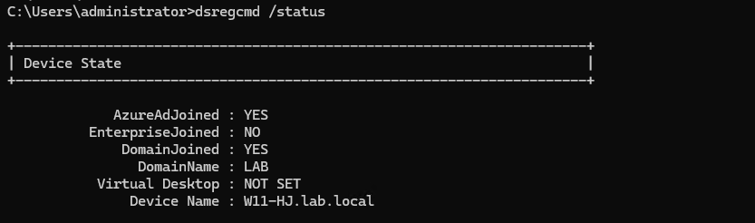Command Prompt window showing dsregcmd slash status output Device State section displaying AzureAdJoined YES DomainJoined YES and AzureAdPrt YES which is the canonical signature of a successfully Hybrid Entra Joined Windows device with Primary Refresh Token active