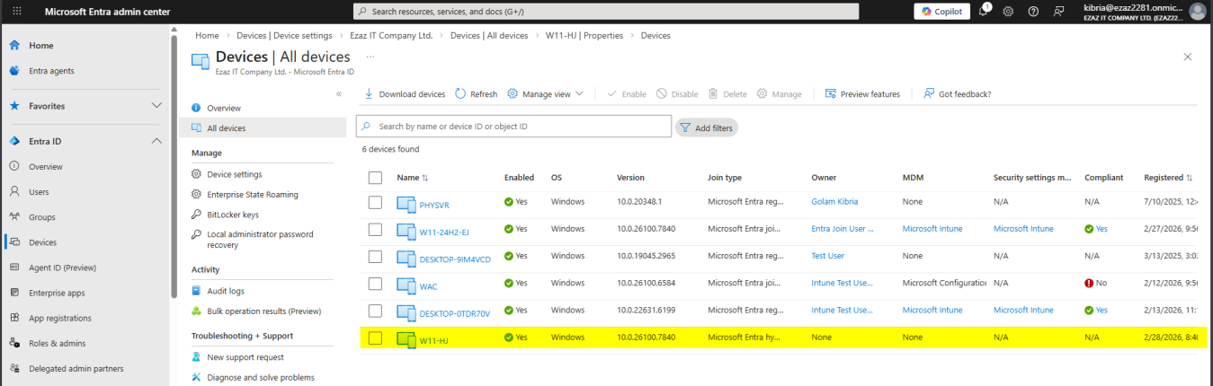 Microsoft Entra Admin Center Devices All Devices page filtered to show the newly Hybrid Joined Windows device with Join Type column displaying Microsoft Entra Hybrid Joined and Owner column showing the user that holds the device