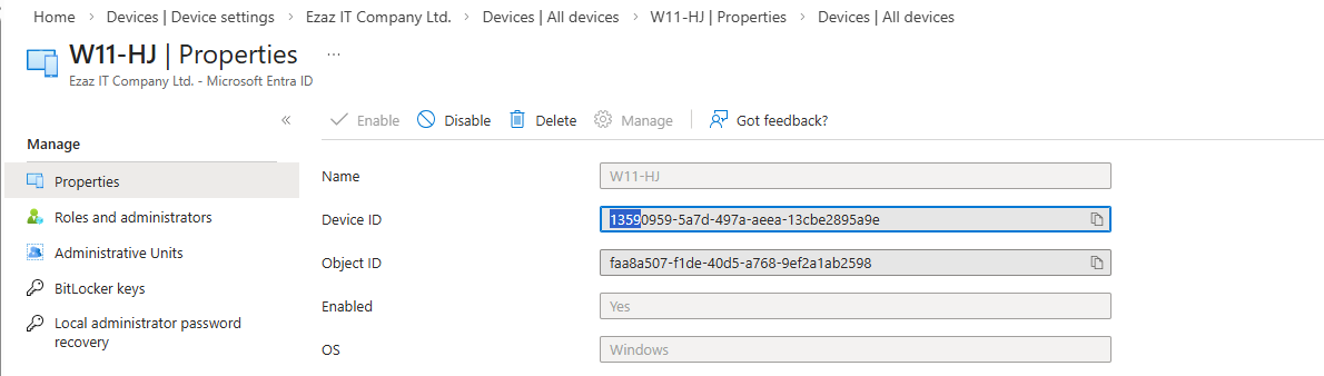 Entra Admin Center device properties detail panel showing the Device ID OS version compliance status enabled flag join type and registration timestamp for a Hybrid Joined Windows 11 device confirming all metadata flowed across from on-prem AD