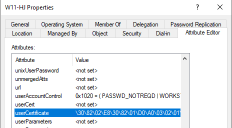 Active Directory Users and Computers Properties dialog Attribute Editor tab for the computer object showing the userCertificate attribute populated with a certificate value confirming the Automatic Device Join task completed successfully and the cert was written back to AD