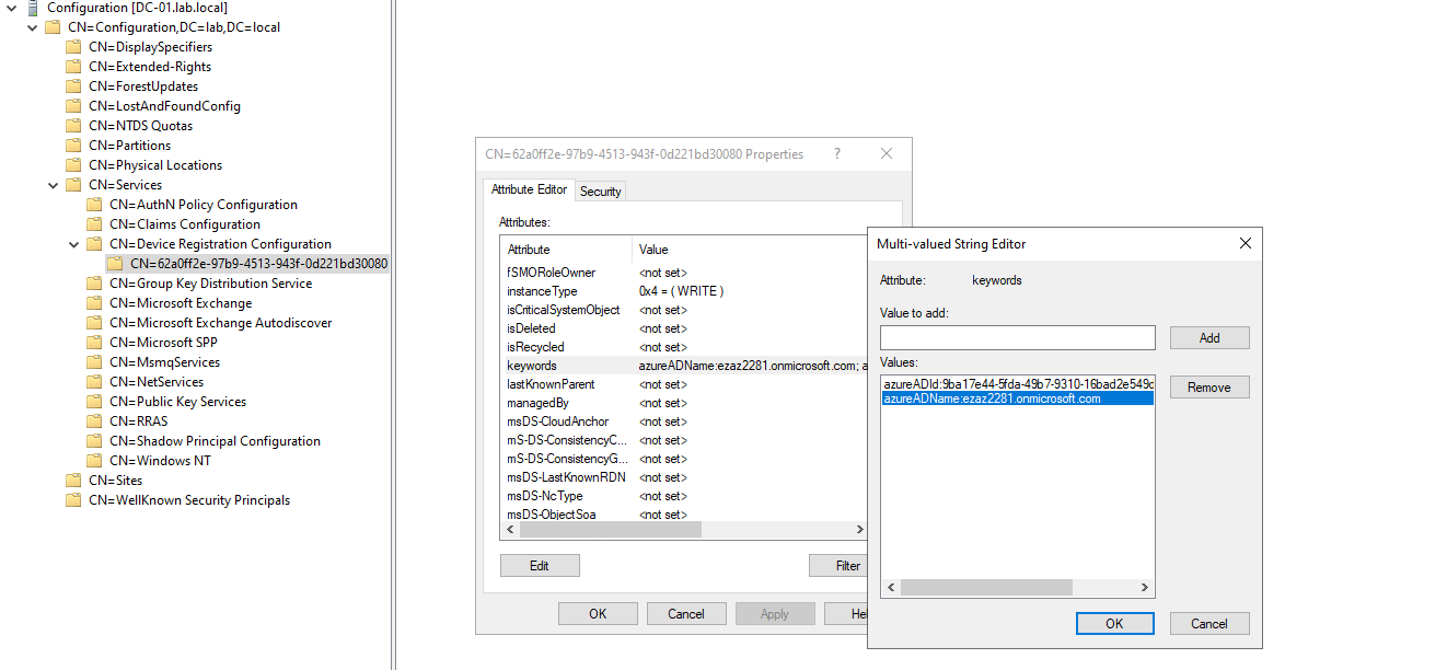 ADSI Edit window connected to the Configuration partition expanded to Services Device Registration Configuration showing the keywords attribute containing the Entra ID tenant name ezaz2281.onmicrosoft.com and the tenant ID confirming the Service Connection Point was created correctly during the Entra Connect wizard